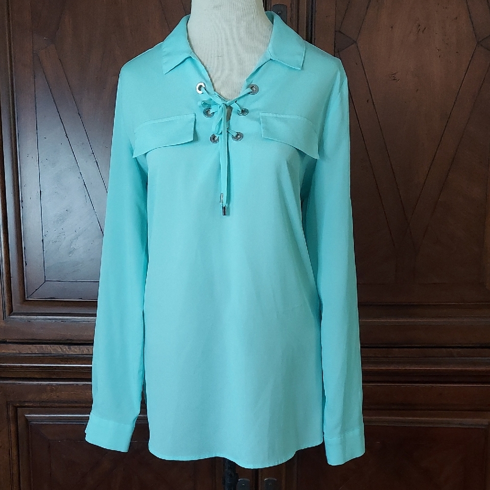 Calvin Klein Turquoise Blue Long Sleeve Tie Front Polo Blouse - Medium